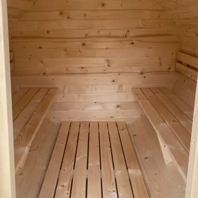 Exteriérová sudová sauna s terasou 2,4 m + pec Sentiotec 100 9 kW,5