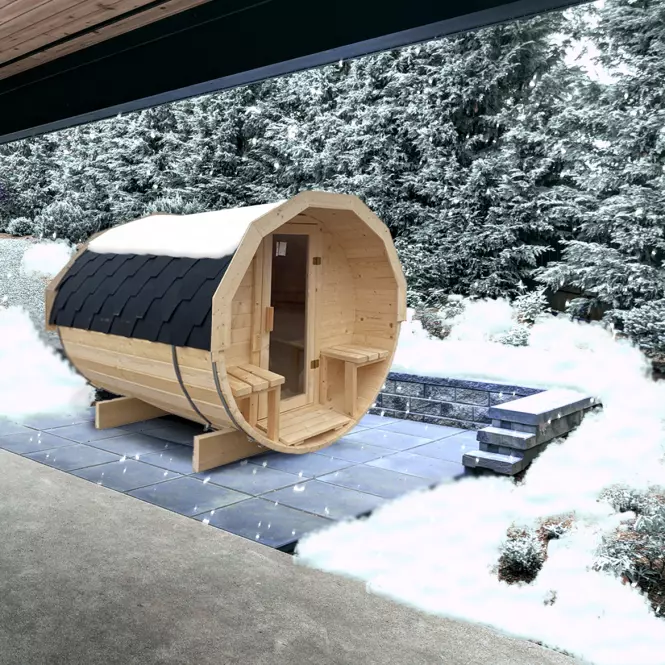 Exteriérová sudová sauna s terasou 2,4 m + pec Sentiotec 100 9 kW