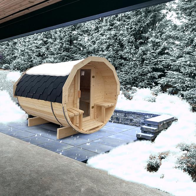 Exteriérová sudová sauna s terasou 2,4 m + pec Sentiotec 100 9 kW