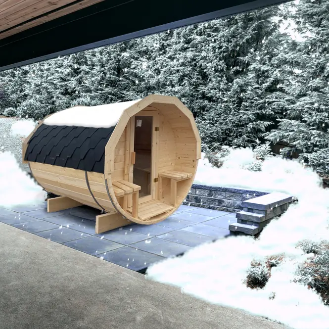 Exteriérová sudová sauna s terasou 2,4 m + pec Sentiotec 100 9 kW,6