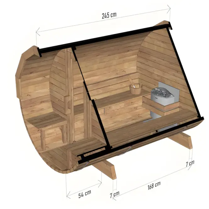 Exteriérová sudová sauna s terasou 2,4 m + pec Sentiotec 100 9 kW,3