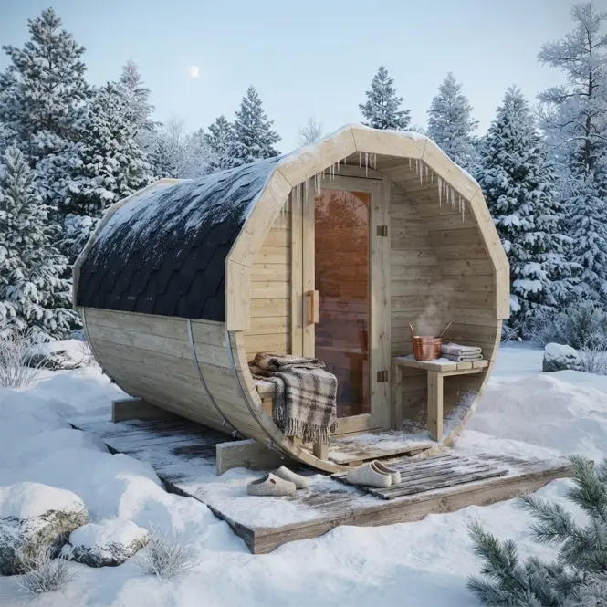Exteriérová sudová sauna s terasou 2,4 m + pec Sentiotec 100 9 kW