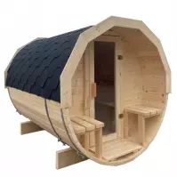 Exteriérová sudová sauna s terasou 2,4 m + pec Sentiotec 100 9 kW