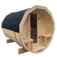 Exteriérová sudová sauna s terasou 2,4 m + pec Sentiotec 100 9 kW