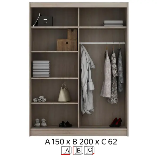 Skriňa s posuvnými dverami Asturia 150 cm – dub sonoma/čierna lacobel, dvojdverová