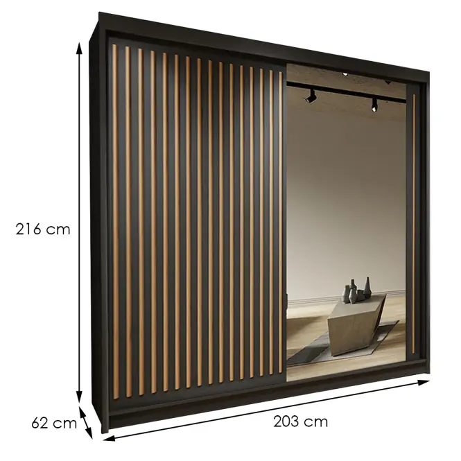 Skriňa s posuvnými dverami Royal 203 cm so zrkadlom – čierna/wotan, lamely, dvojdverová