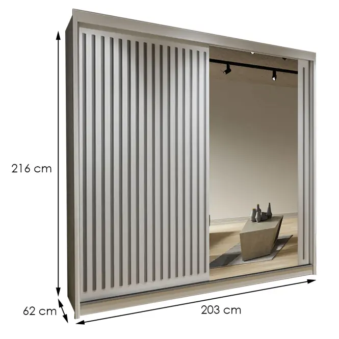 Skriňa s posuvnými dverami Royal 203 cm so zrkadlom – biela/sivá, lamely, dvojdverová,2