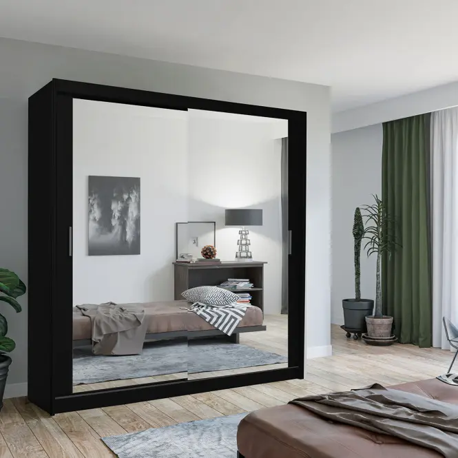Skriňa s posuvnými dverami Lux 203 cm so zrkadlom – čierna, dvojdverová