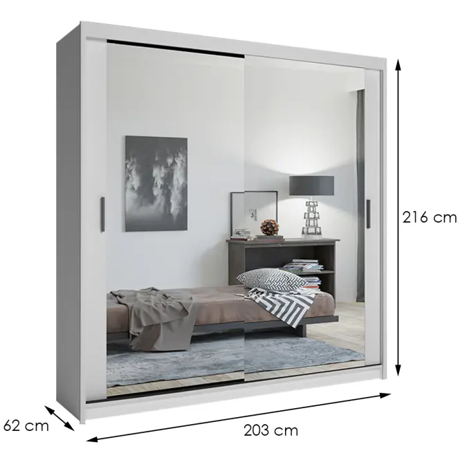 Skriňa s posuvnými dverami Lux 203 cm so zrkadlom– biela, dvojdverová