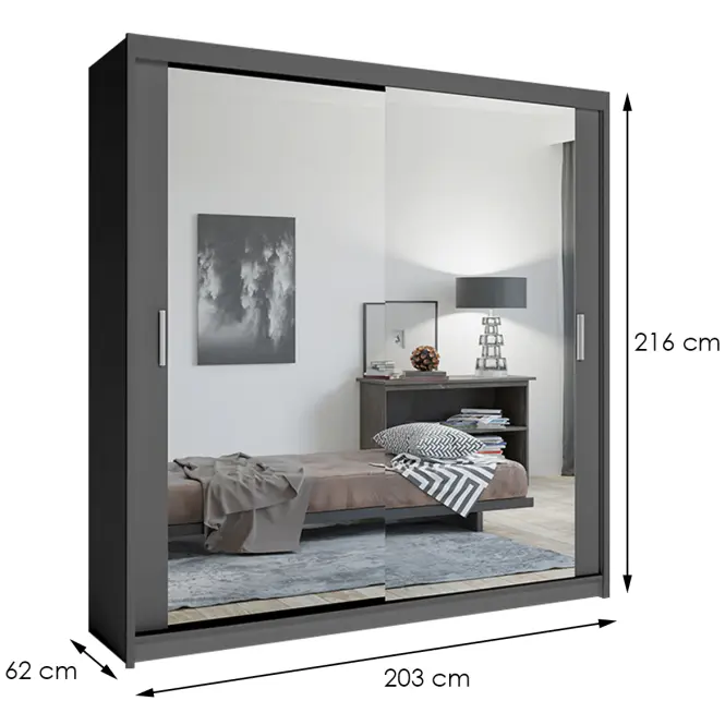Skriňa s posuvnými dverami Lux 203 cm so zrkadlom – sivý, dvojdverová