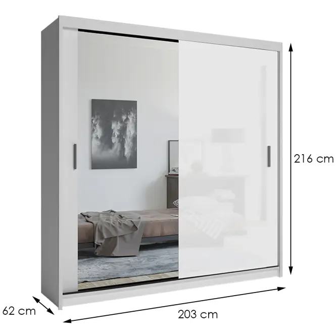 Skriňa s posuvnými dverami Lux 203 cm so zrkadlom – biela, dvojdverová,2