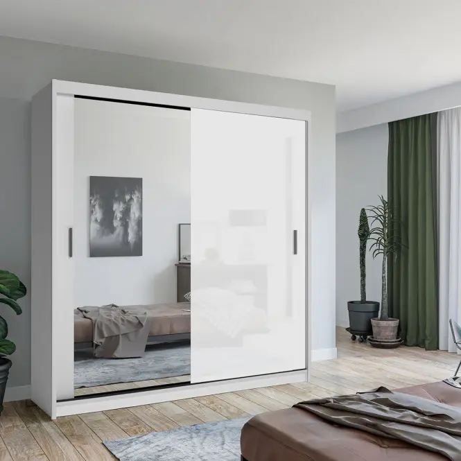 Skriňa s posuvnými dverami Lux 203 cm so zrkadlom – biela, dvojdverová