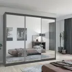 Skriňa s posuvnými dverami Lux 250 cm so zrkadlom – sivý, trojdverová