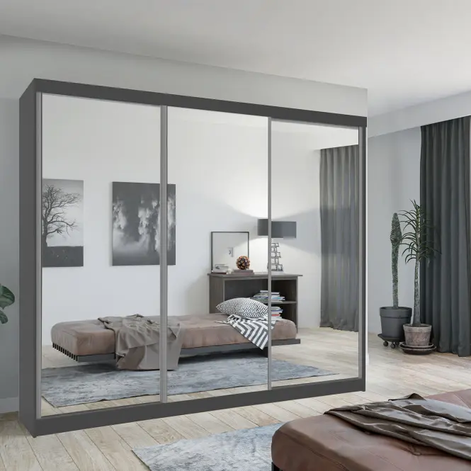Skriňa s posuvnými dverami Lux 250 cm so zrkadlom – sivý, trojdverová