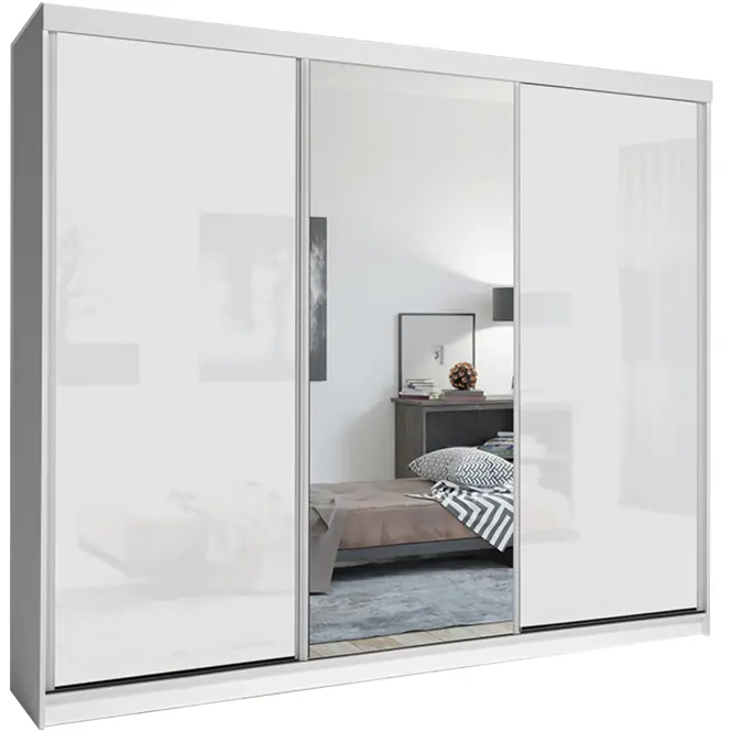 Skriňa s posuvnými dverami Lux 250 cm so zrkadlom – biela, trojdverová
