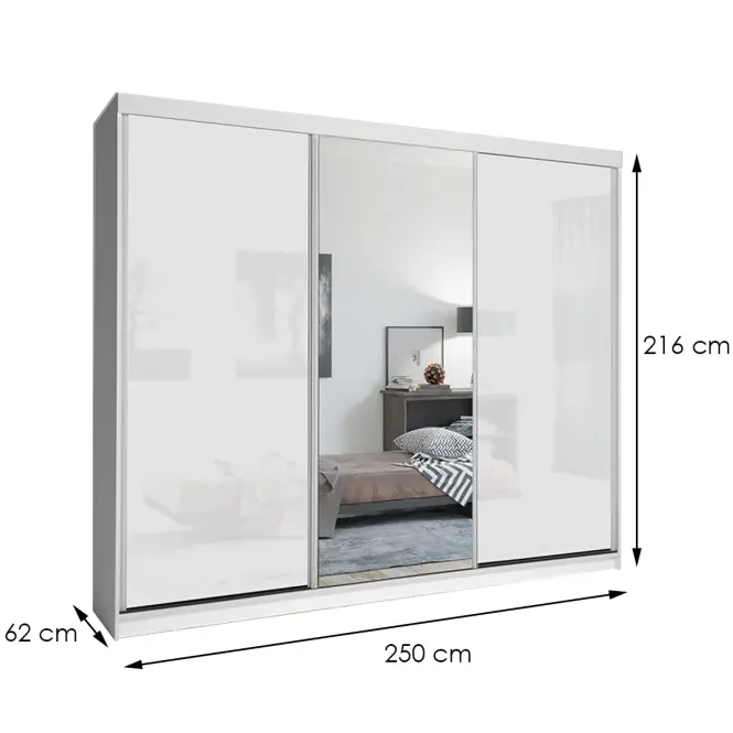 Skriňa s posuvnými dverami Lux 250 cm so zrkadlom – biela, trojdverová
