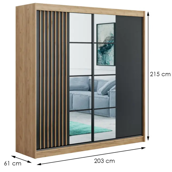 Skriňa s posuvnými dverami Larysa 203 cm so zrkadlom – čierna/craft zlatý, lamela, dvojdverová,2
