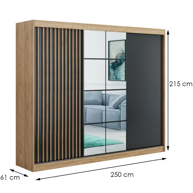 Skriňa s posuvnými dverami Larysa 250 cm so zrkadlom – čierna/craft zlatý, lamela, trojdverová,2