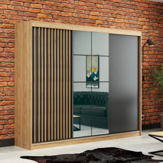 Skriňa s posuvnými dverami Larysa 250 cm so zrkadlom – čierna/craft zlatý, lamela, trojdverová,4
