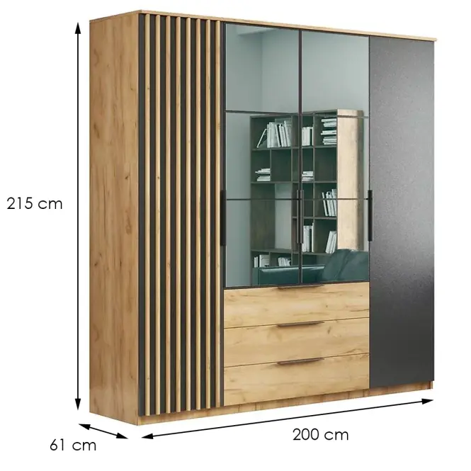 Skriňa Sorento 200 cm so zrkadlom – dub craft/čierna, lamely, štvordverová, zásuvky,2