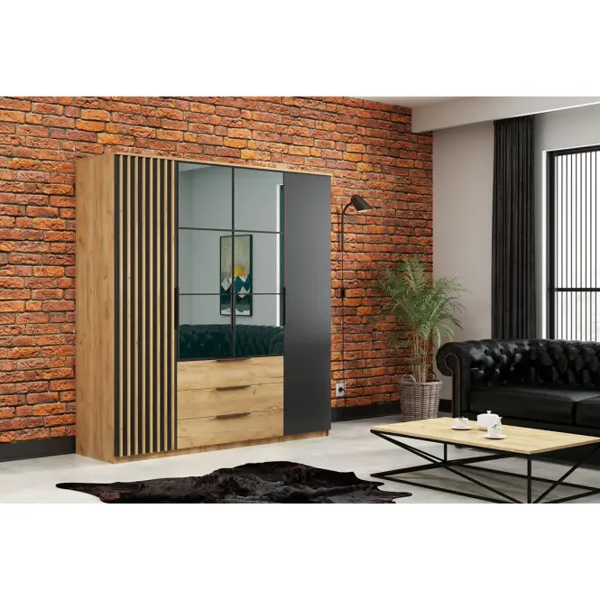 Skriňa Sorento 200 cm so zrkadlom – dub craft/čierna, lamely, štvordverová, zásuvky,4
