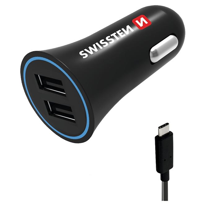 Nabíjačka USB 12/24V Swissten 2,4AMP 2xUSB + kábel USB-C