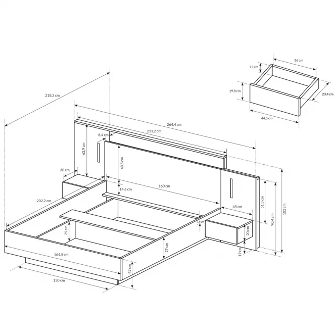 Posteľ so stolmi a osvetlením 3d B biela / dub Craft,4