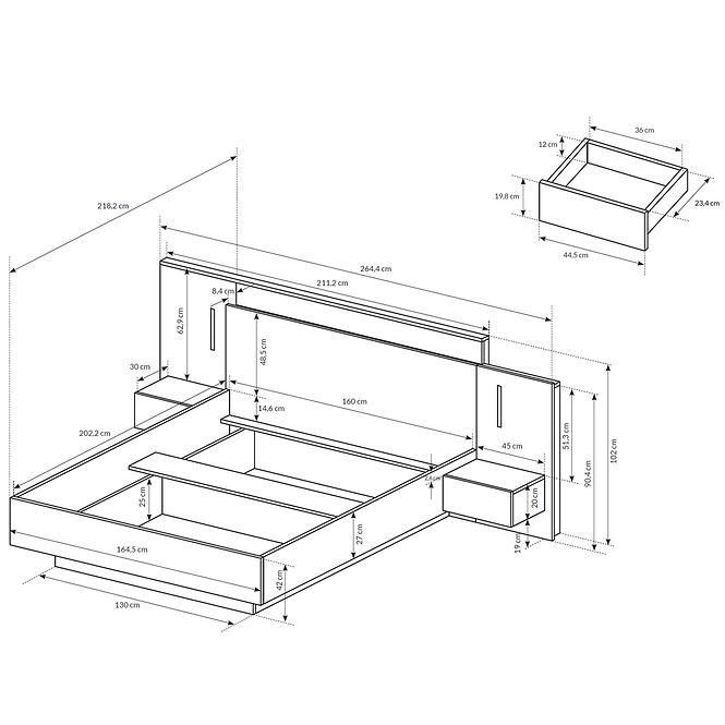 Posteľ so stolmi a osvetlením 3d B biela / dub Craft,4