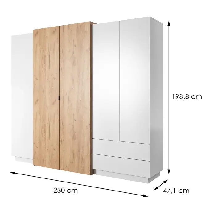 Skriňa 3D A 230 cm - biela/dub Craft zlatý,štvordverová, zásuvky