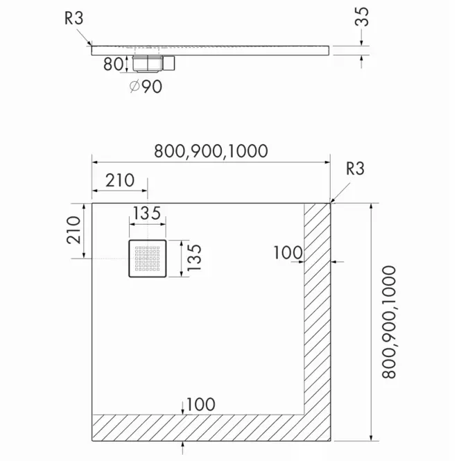Sprchová vanička Kalait Cement Stone 90x90x3,5 3.3101/CT/ST-M2,2