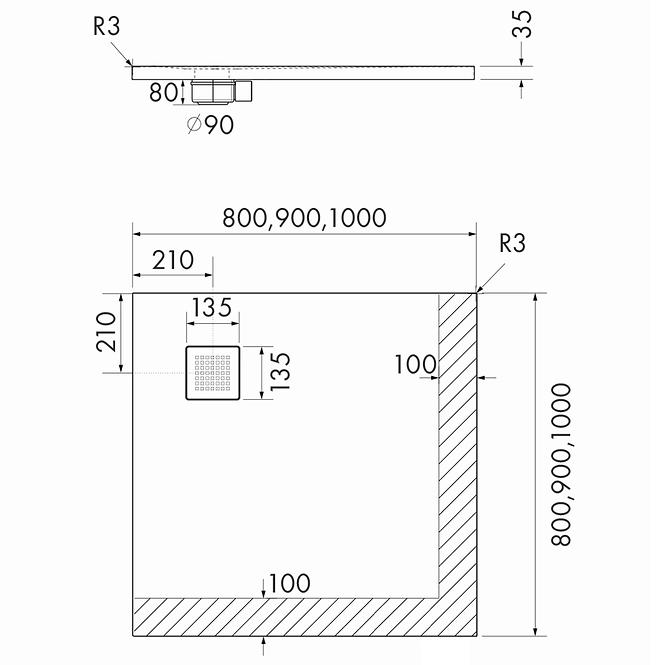 Sprchová vanička Kalait Cement Stone 100x100x3,5 3.3102/CT/ST-M2