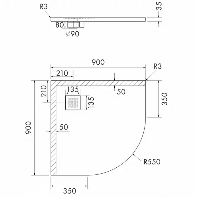 Rohová vanička Kalait Cement Stone 90x90x3,5 R55 3.3104/CT/ST-M2