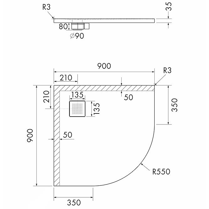 Rohová vanička Kalait Cement Stone 90x90x3,5 R55 3.3104/CT/ST-M2