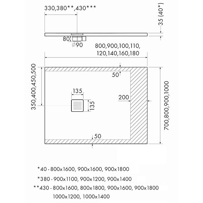Sprchová vanička Kalait Cement Stone 90x110x3,5 3.3116/CT/ST-M2