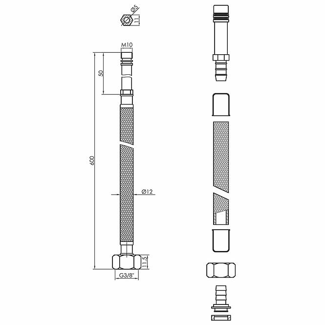 Hadica na vodu 3/8X ML10 600 MM  čierna 2 ks