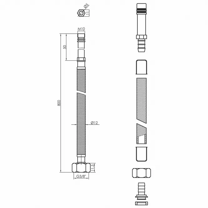 Hadica na vodu 3/8X ML10 800 MM  čierna 2 ks,2