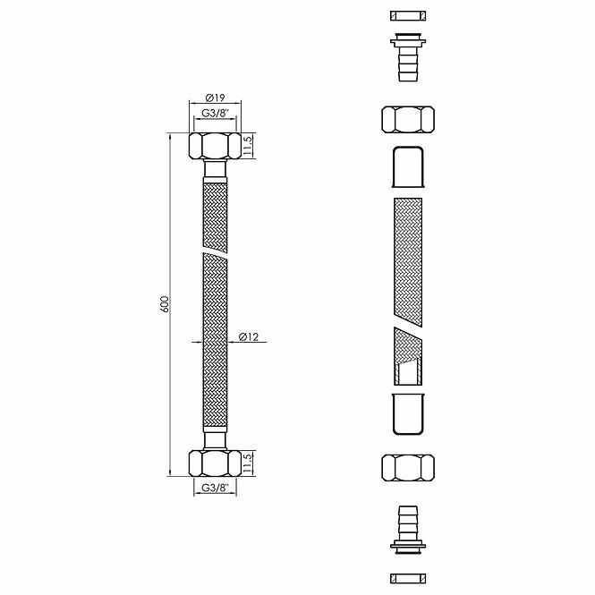 Hadica na vodu 3/8 X 3/8 600 MM čierna