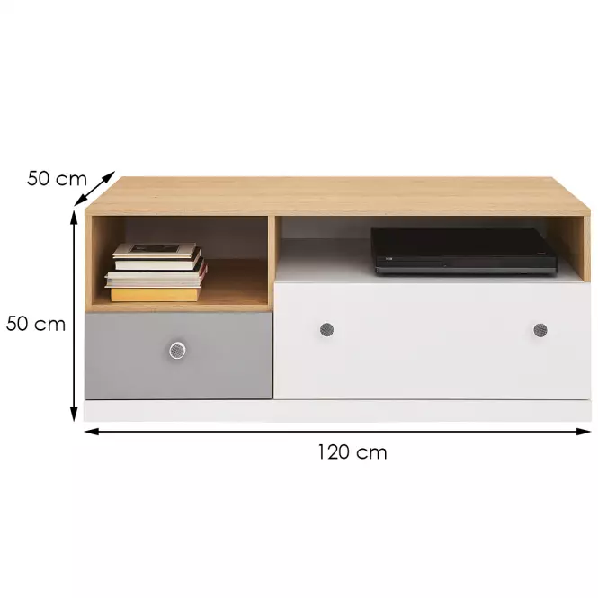TV stolík Pixel sušienkový dub / biely lux / sivý