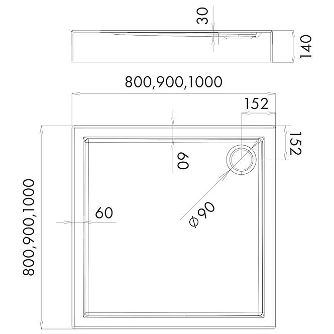 Štvorcová vanička ASTRO II 100x100x14 vstavaná AQM0162