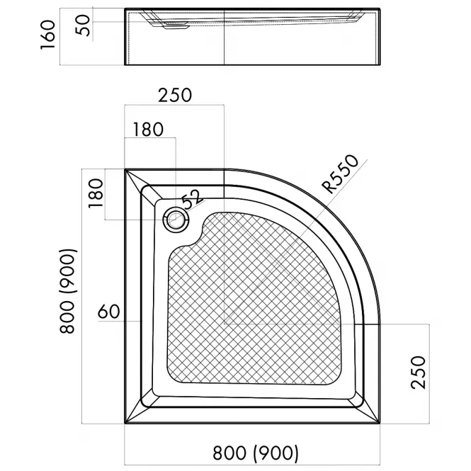Polokrúhla vanička 80x80x16 vstavaná R55 AQM352L,2