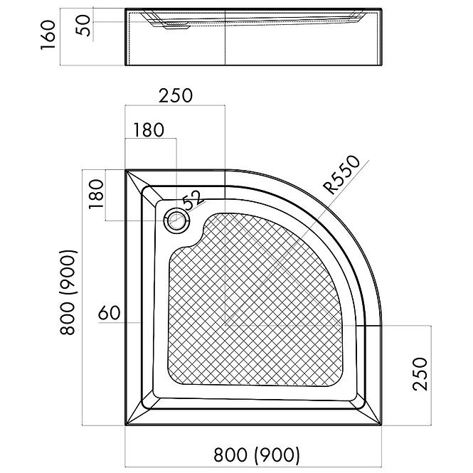 Polokrúhla vanička 90x90x16 vstavaná R55 AQM353L