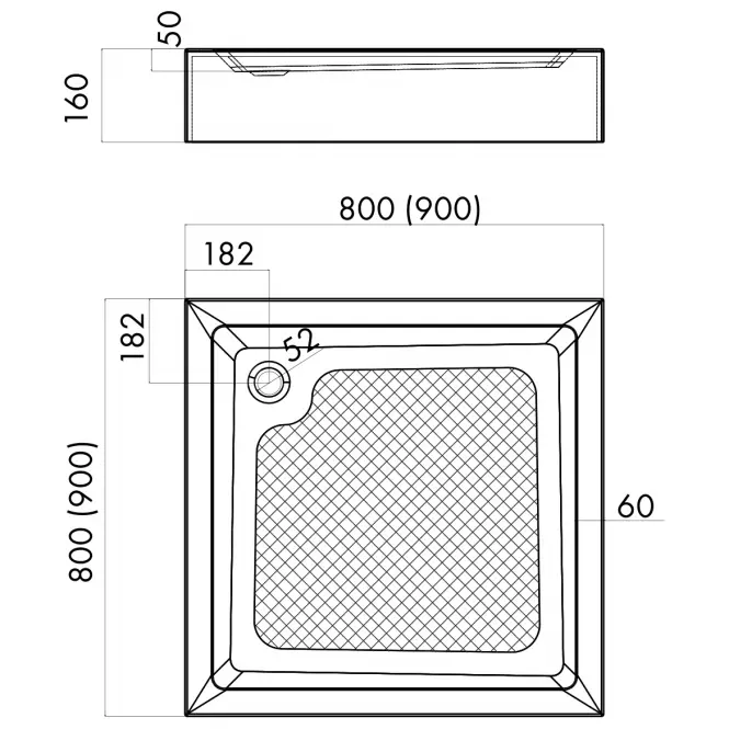 Štvorcová vanička 80x80x16 vstavaná AQM350L