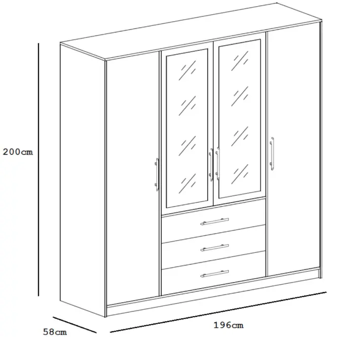 Skriňa Bali D4 196 cm so zrkadlom – biela, štvordverová, zásuvky