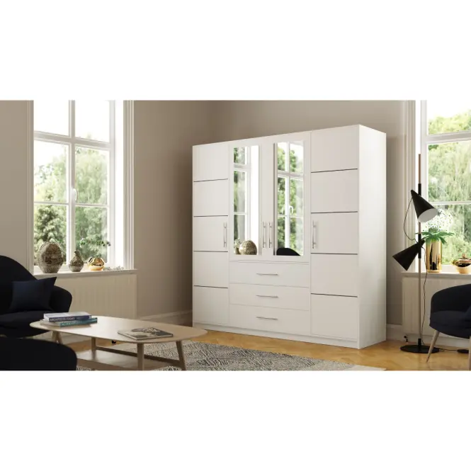 Skriňa Bali D4 196 cm so zrkadlom – biela, štvordverová, zásuvky