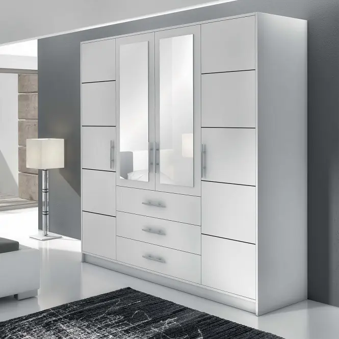 Skriňa Bali D4 196 cm so zrkadlom – biela, štvordverová, zásuvky