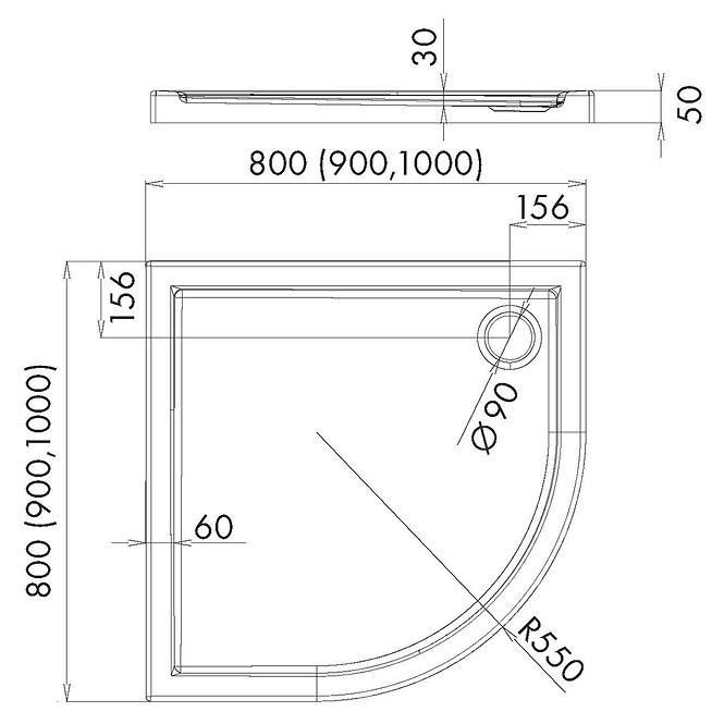 Vanička polokrúhla Black Stone 90x90x5 R55 Espera AQM264CST