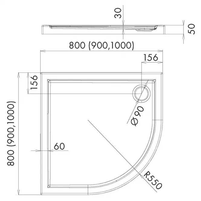 Vanička polokrúhla Black Stone 90x90x5 R55 Espera AQM264CST,2