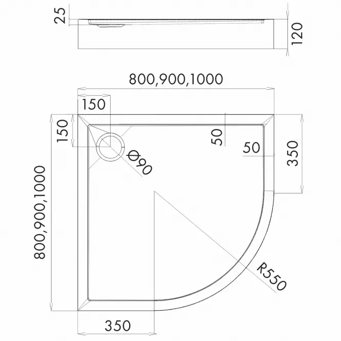 Vanička polokrúhla 90x90x12 R55 Espera Plus AQM4634,2