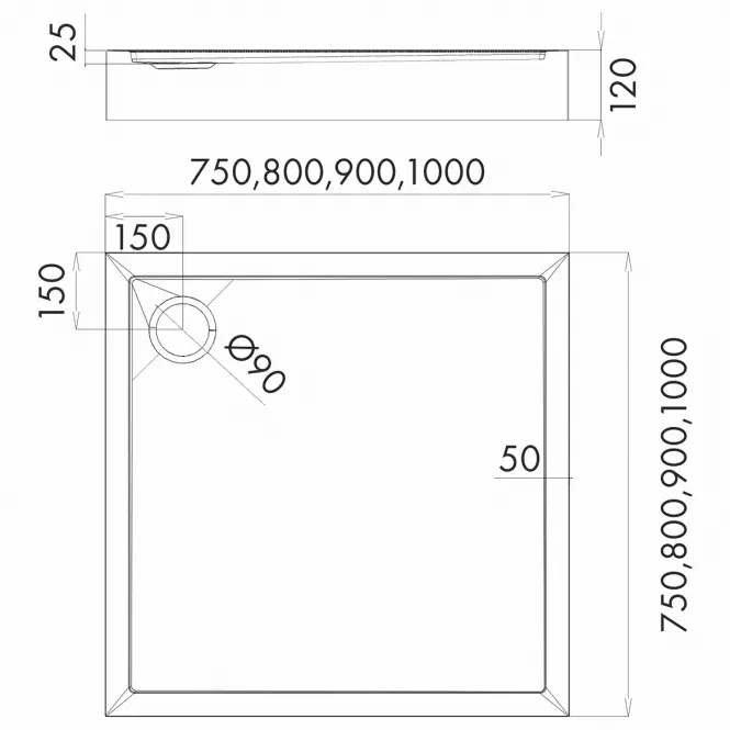 Vanička štvorcová Black Stone 80x80x12 Espera Plus AQM4630CST