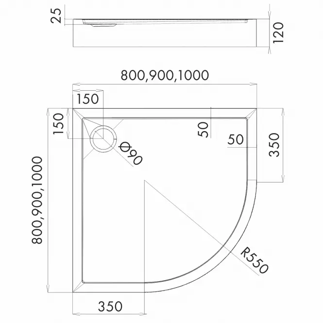 Vanička polokrúhla Black Stone 80x80x12 R55 Espera Plus AQM4633CST
